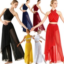 US Women 2 Pcs Lyrical Dance Flowy Costume Crop Top and Irregular Wide Leg Pants