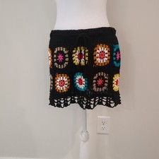 Crochet Granny Square Boho Mini Skirt Lined OS 70s Festival Hippie Indie