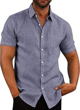 Men's Button Down Dress Shirt Short Sleeve - Blue Regular Fit Casual Linen Mens