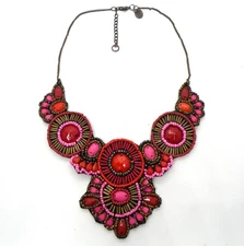 Vintage Zad Signed Multicolor Bohemian Beaded Statement Brass Pendant Necklace