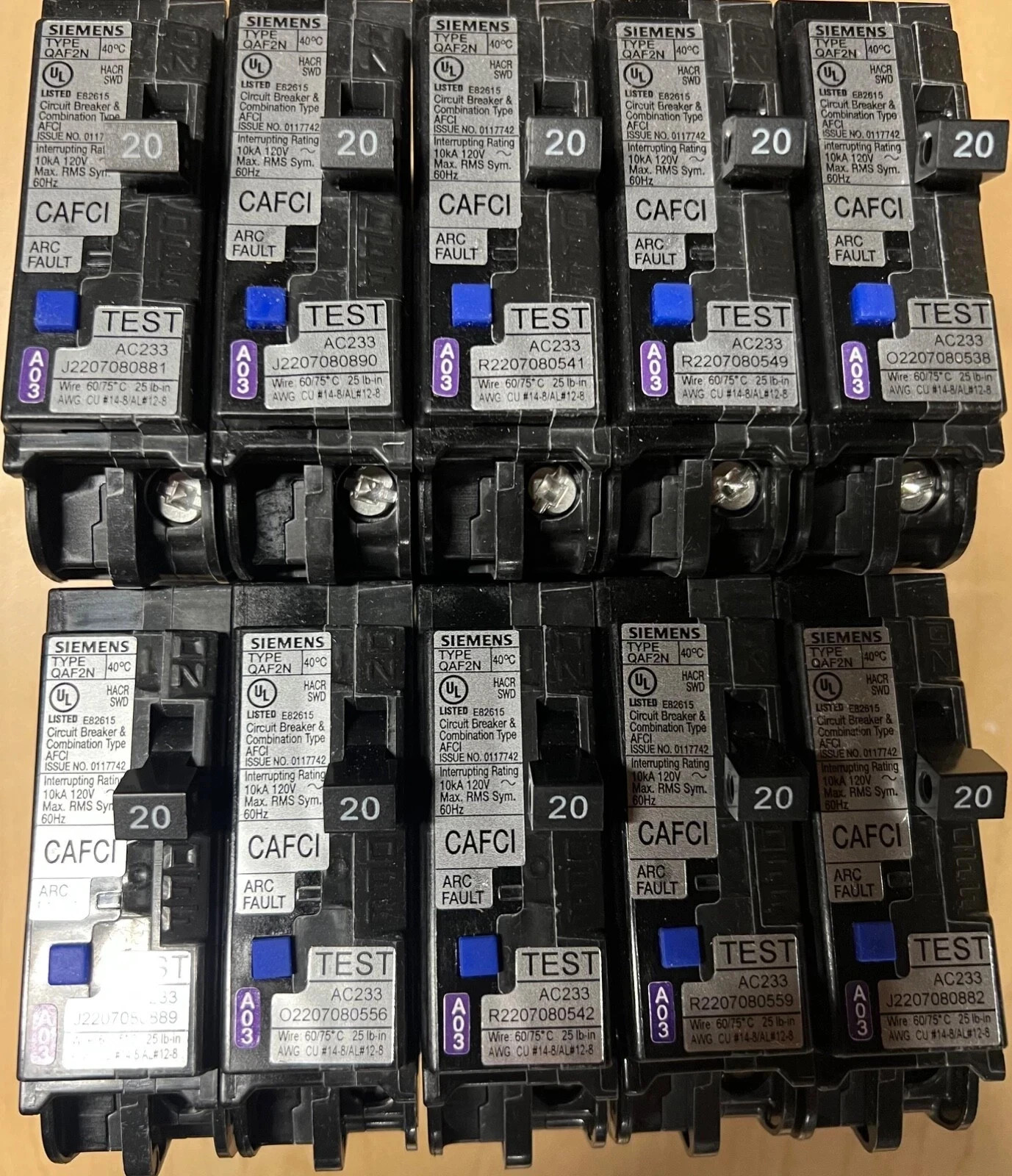 Siemens (10) QA120AFCN 20 Amp Arc Fault Circuit Breaker 1 POLE AFCI