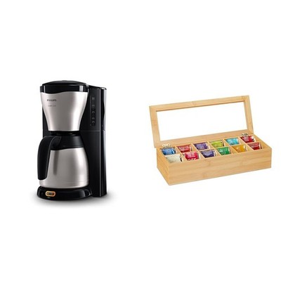 Philips Filterkaffeemaschine 1.2 Liter Thermoskanne & Relaxdays Teebox Bambus 12