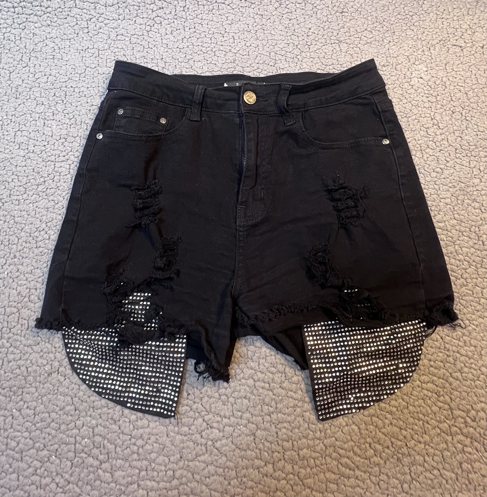 Blue Topic Denim Jean Shorts Womens Size Large Black With Rhinestones Silver