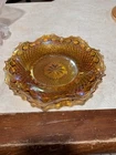 Vintage Indiana Carnival Glass Bowl Amber Marigold Scalloped Dish Iridescent 10