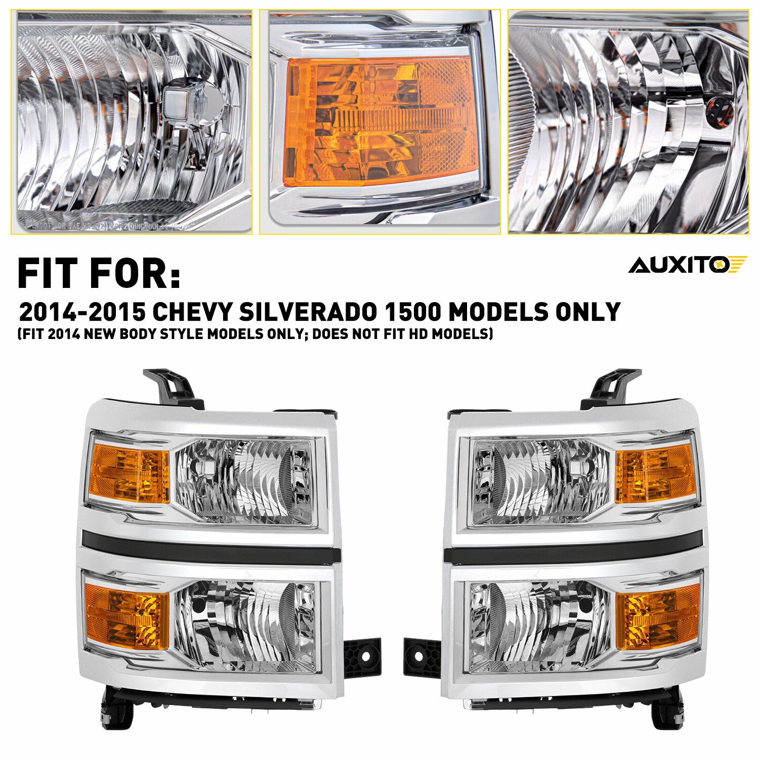 2x Chrome Housing Amber Reflector Headlights For 2014-2015 Chevy Silverado 1500
