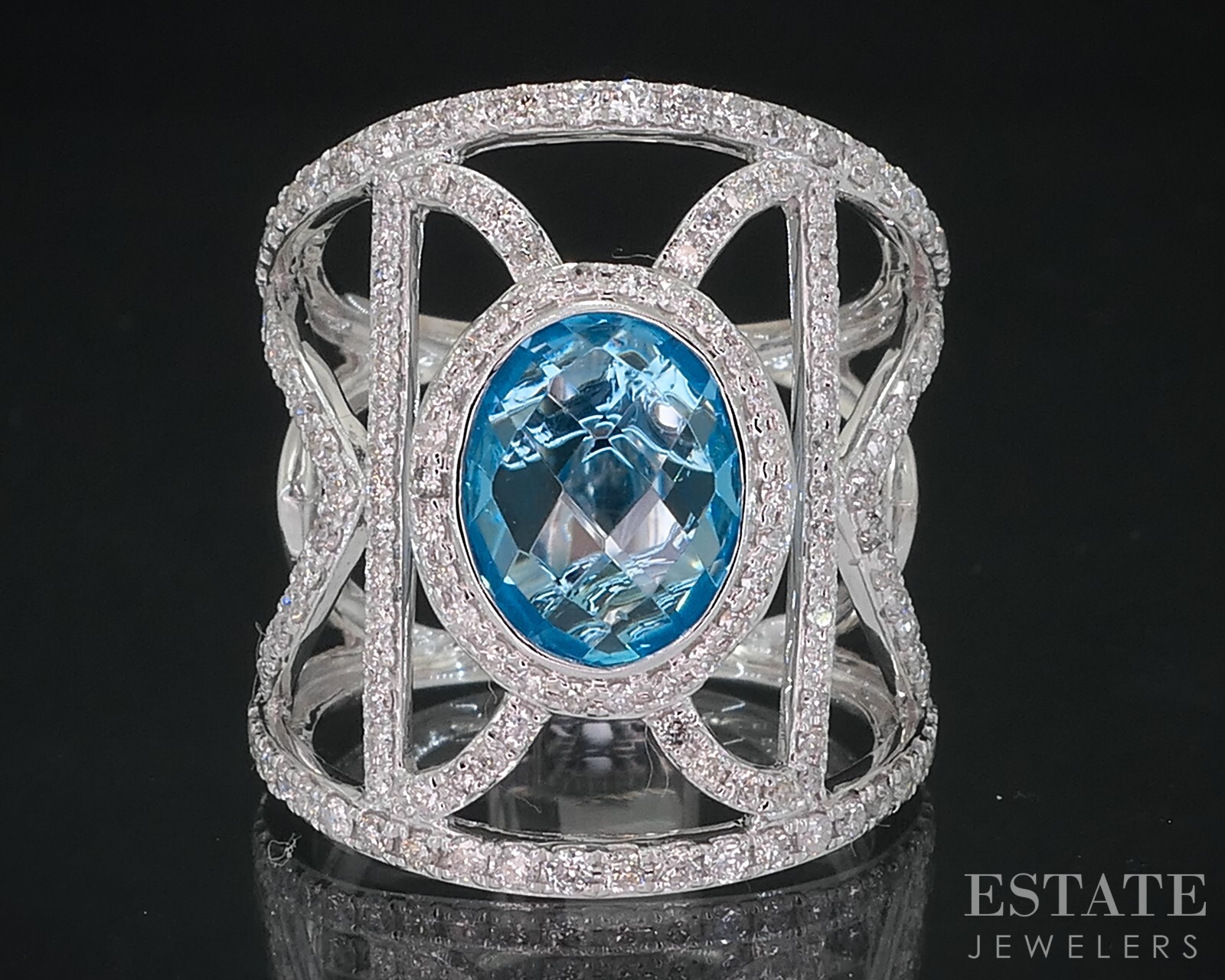 14K White Gold EFFY Oval Blue Topaz Diamond Ring 9.1g I18541
