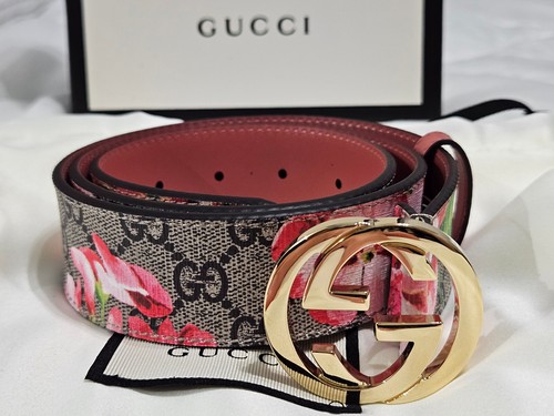 GUCCI Pink Flower Blossom Belt Size 95cm 3234 Gold GG G2U