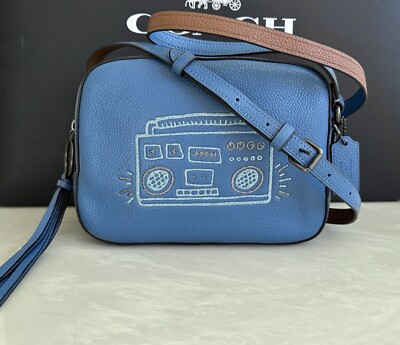 NEW COACH X KEITH HARING BLUE BOOM BOX CAMERA BAG GLITTER XBODY