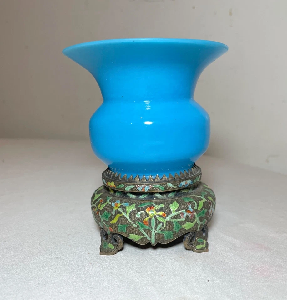 Antiguo cuenco base bronce esmaltado vidrio opalino azul chino siglo XIX Foto 3 de 4