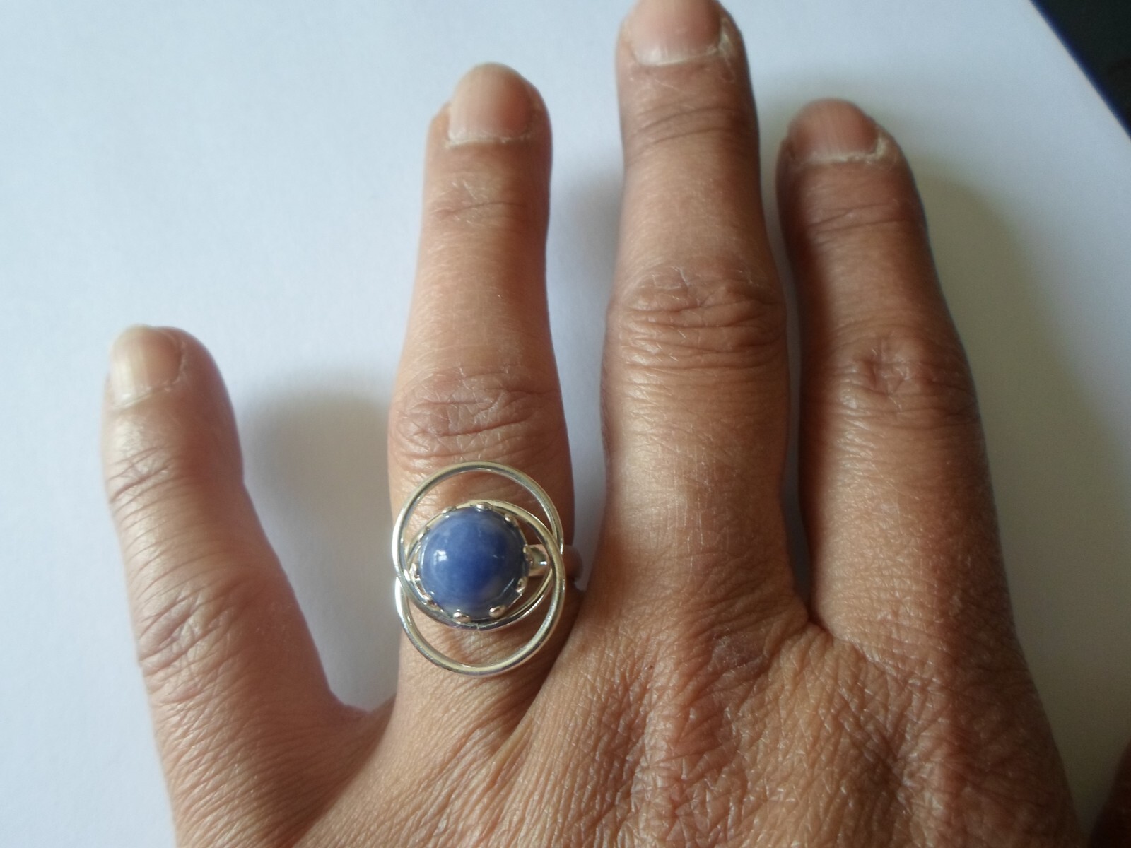 solid silver ring, blue stone cabochon, openwork … - image 2