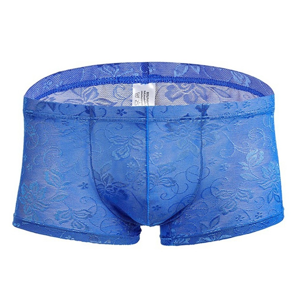 Mens Sexy Lace Underwear with Bulge Pouch Comfortable See Through Boxer