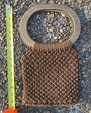 Brown Macrame Crochet Purse Handbag Wooden Handles Vintage 60 s 70 s
