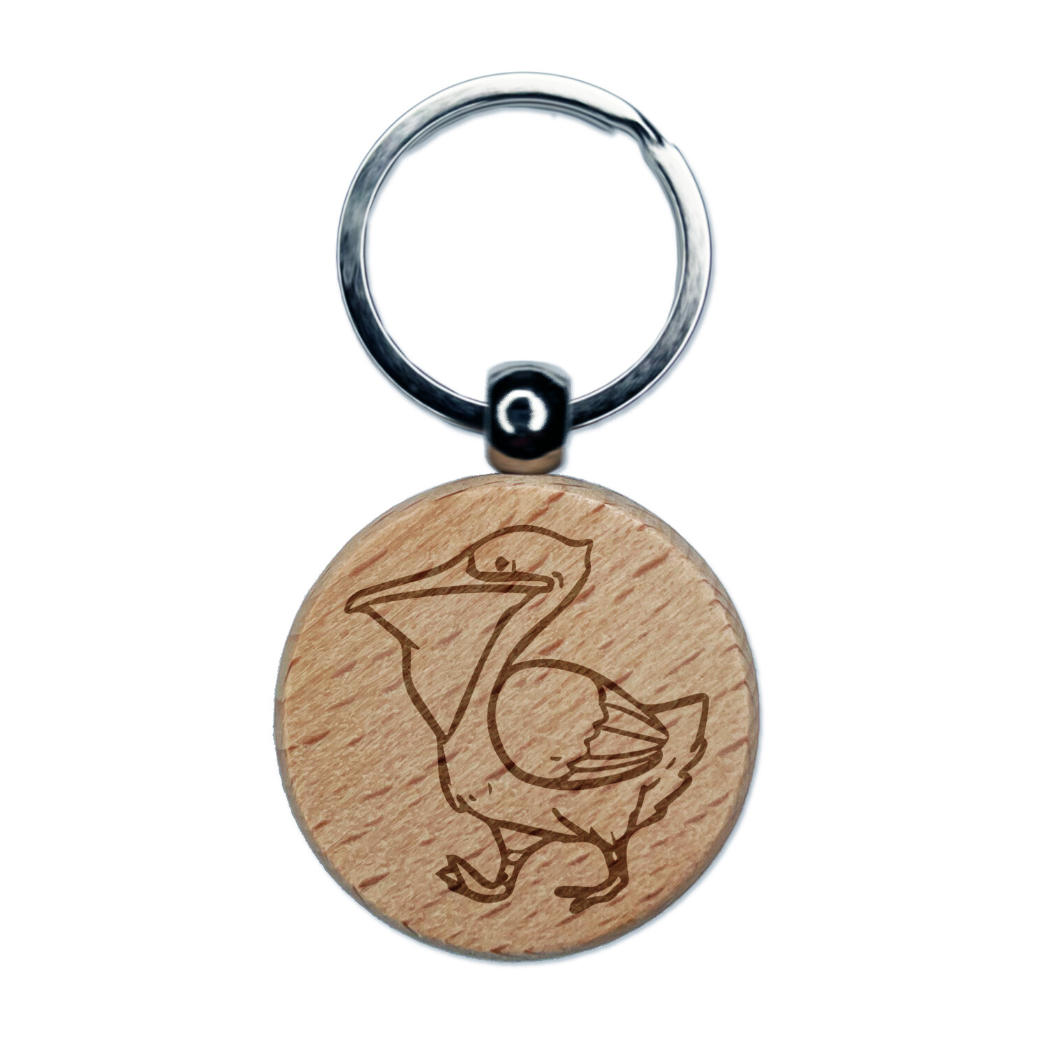 Pelican Bird Walking Engraved Wood Round Keychain Tag Charm