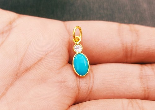 Natural Blue Turquoise with white Topaz Pendant ,18K Gold Charm , Charm Necklace - Picture 4 of 6