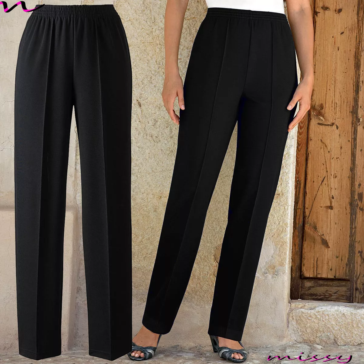 New Ladies Womens Trousers Work FULL Elasticated Stretch Waist Pull Up Pants  SLI