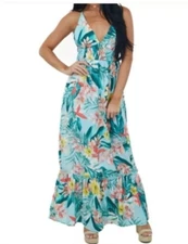 Blashe Women’s Medium Smocked Floral Maxi Dress Aqua Sleeveless Resort Vacation