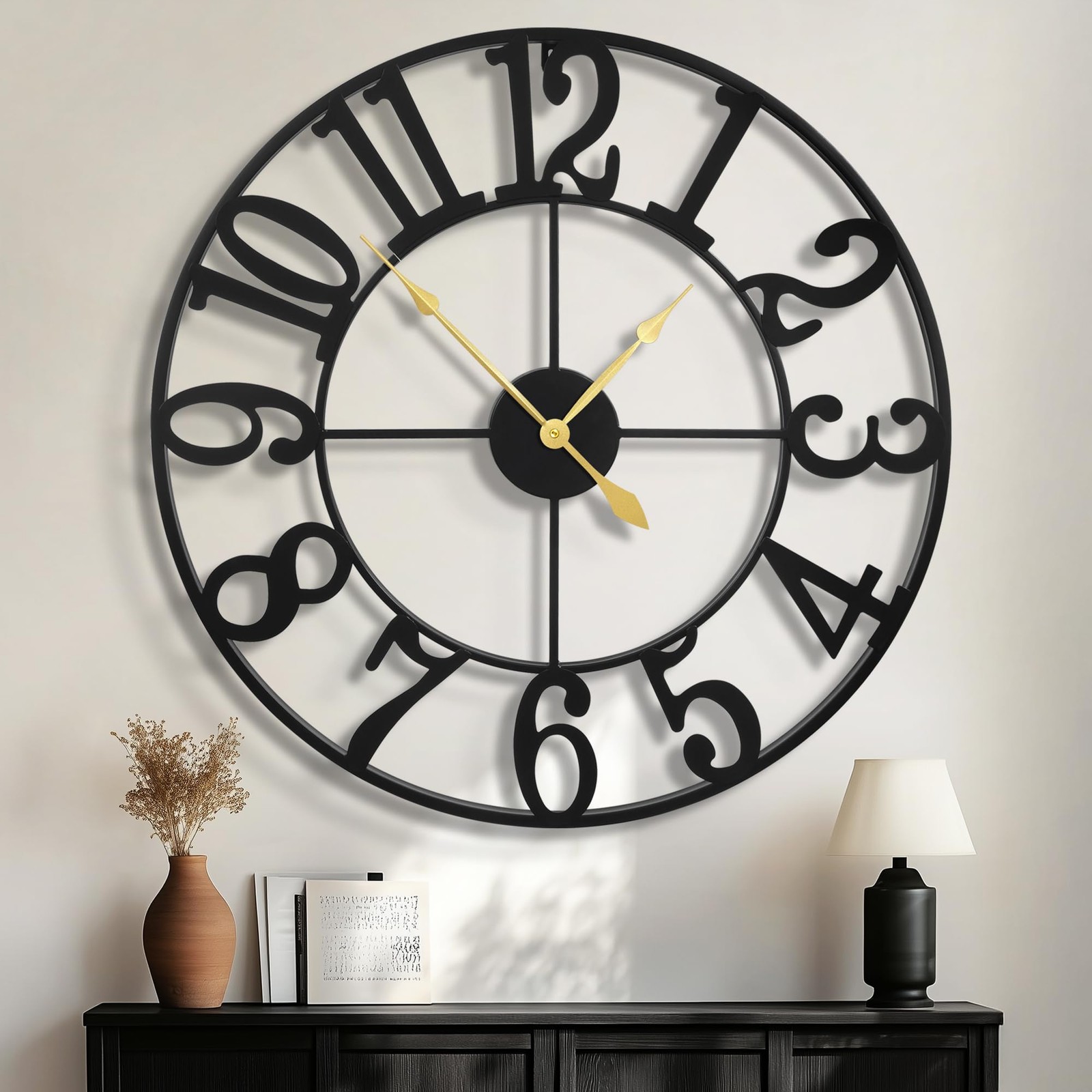 For Living Room Decor, 32 Inch Black Clock Metal Silent Non.