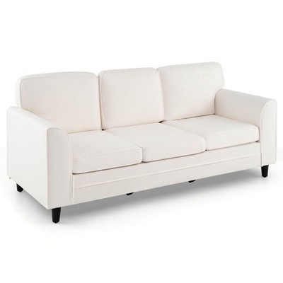 Sofa Couch Upholstered Teddy Velvet 3-Seat Sofa w/ Comfy Back Pillows White