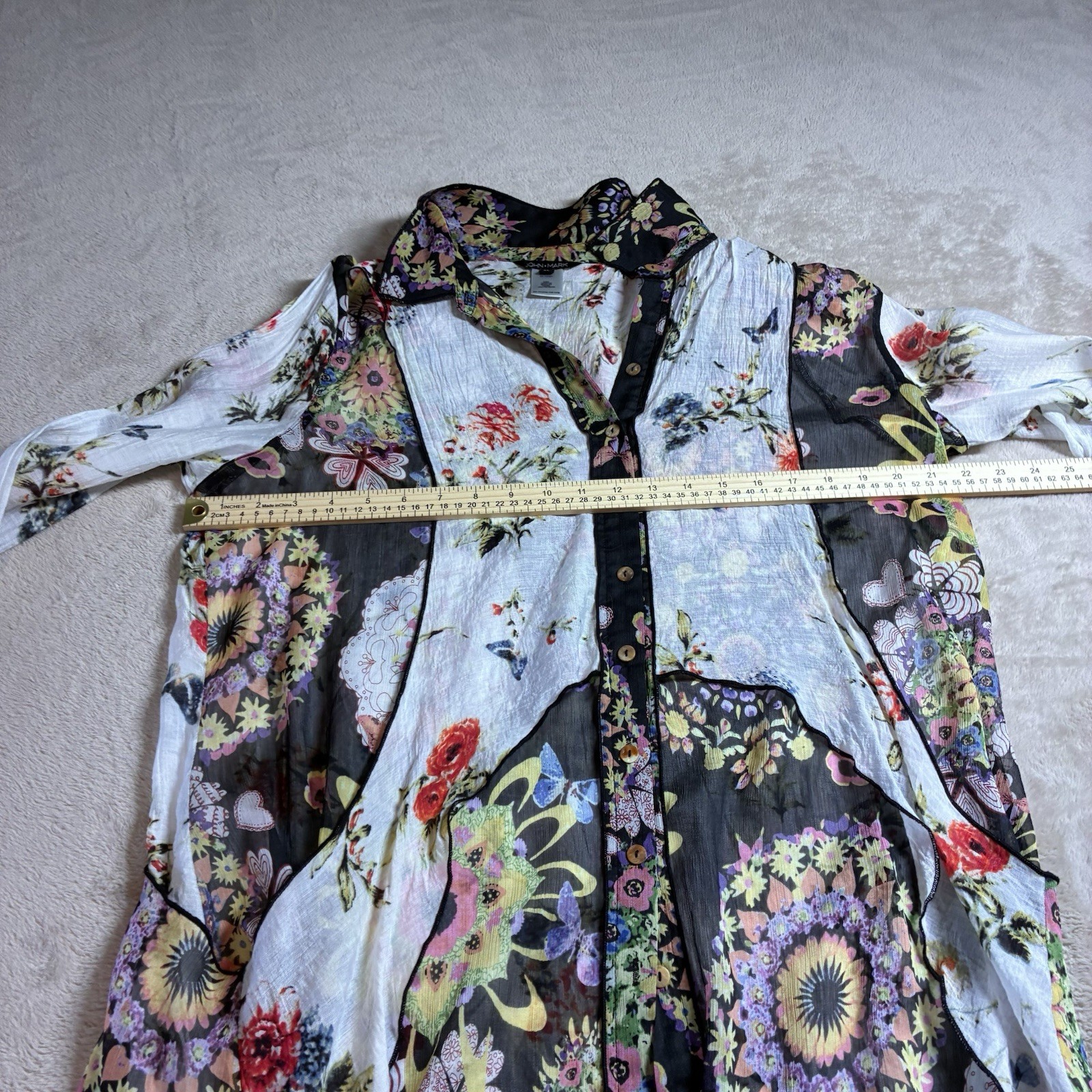 John Mark Patchwork Floral Sheer Boho Button Blou… - image 6