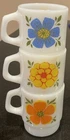 VNTG Fire King AH Set of 3 Milk Glass Flower Floral Mugs Blue Yellow Orange Red