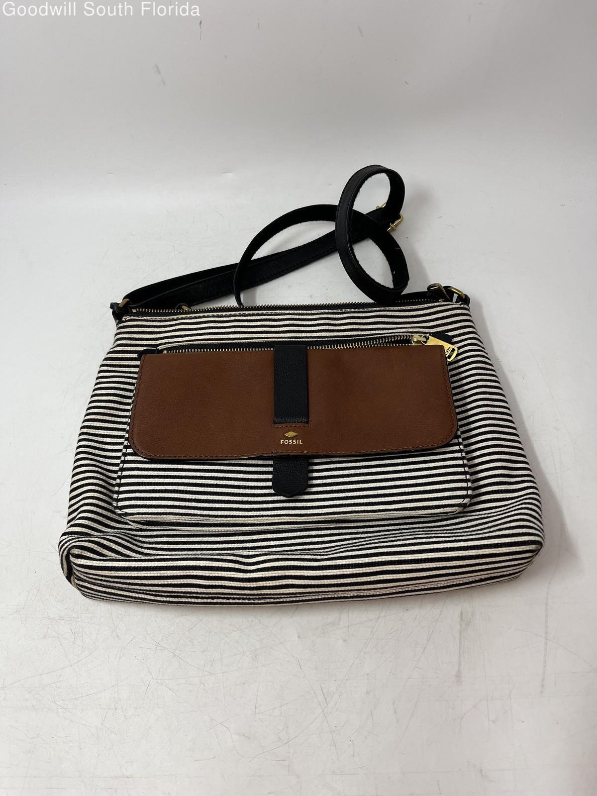Fossil Womens White Black Striped Print Leather Adjustable Strap Crossbody Bag