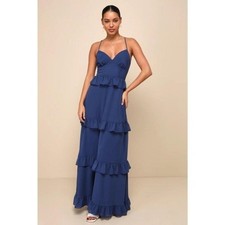 NWT Lulus Captivating Class Blue Ruffled Tiered Lace-Up Maxi Dress Wedding Sz M