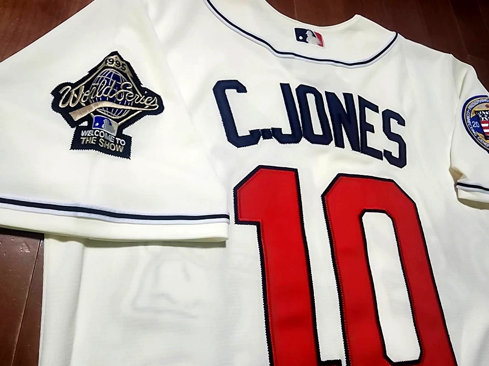 Nueva camiseta cosida de los Atlanta Braves #10 Chipper Jones Cooperstown 2 parches marfil! Foto 4 de 4