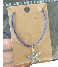 Silver Starfish Pendent Charm Necklace With Navy Blue Seed Beads