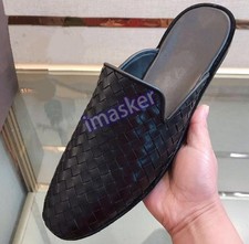 New Men's Leather Woven Pattern Closed Toe Mules Loafers Casual Party Slippers