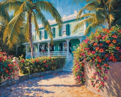 Key West Hemingway House Oil Painting Print Tropical Palm Trees Florida Wall Art