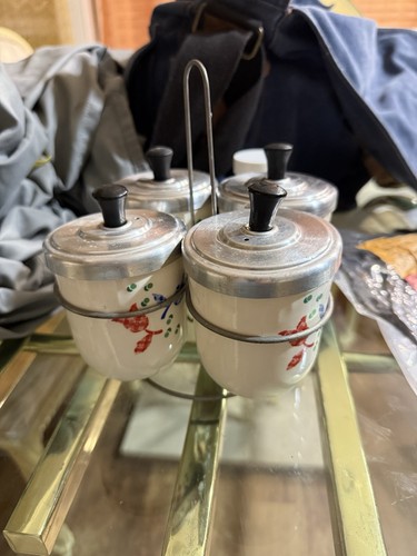 Vtg Harker Ceramic King Sized Egg Coddler Set Calico Pattern Condiment Jars