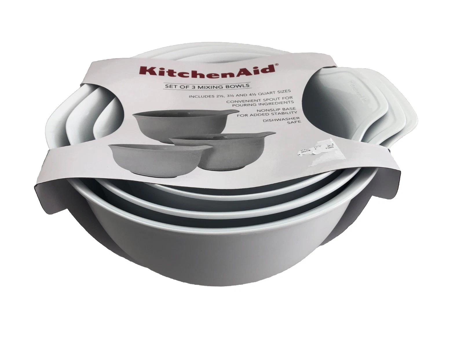 New KitchenAid White 3 Mixing Bowls 2.5, 3.5, 4.5 Quart