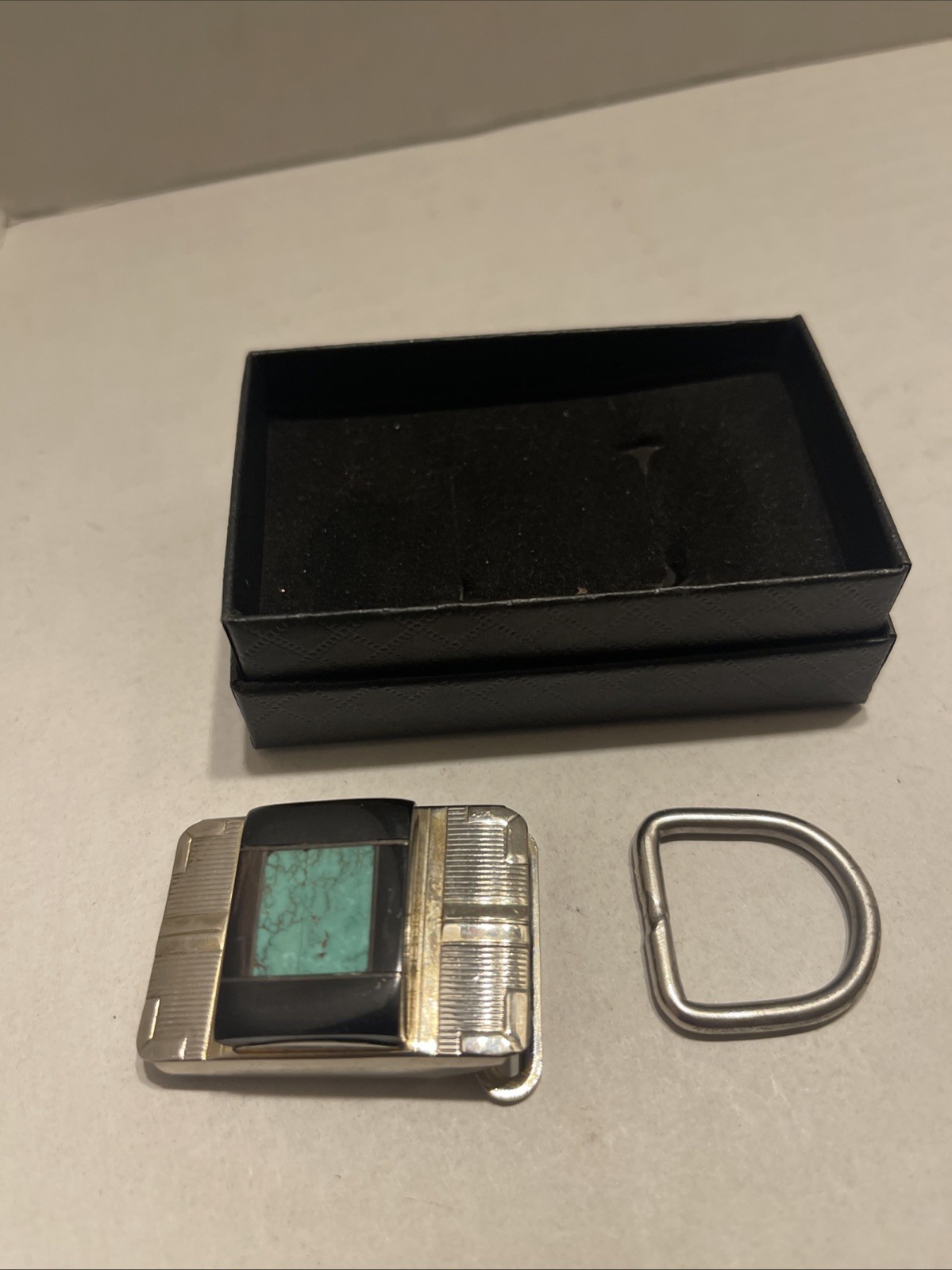 Vtg Turquoise Stone Rectangle Solid Brass Metal B… - image 5