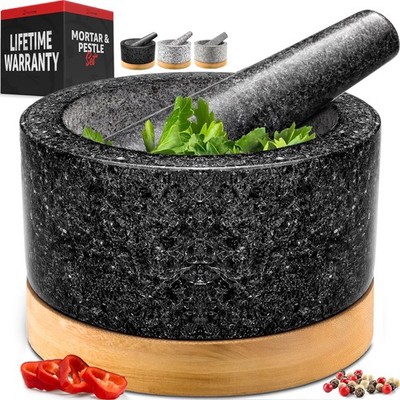 PriorityChef Heavy Duty Mortar and Pestle Set with Bamboo Base, 100% Natural ...