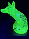 Fenton Glass Topaz Opalescent Uranium/Vaseline Hand Painted Sitting Fox Signed