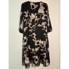DKNY Womens Plus Size 18 Floral Faux Wrap Midi Dress Black Tan V-Neck High-Low