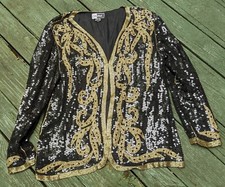 Vtg Womens CARINA Black Gold Blazer Jacket L PURE SILK Sequins Beads INDIA
