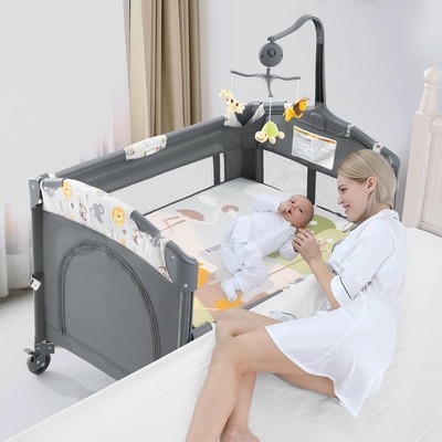 5 in 1 Baby Crib, Baby Bassinet Beside Sleeper, Pack and Play with Bassinet