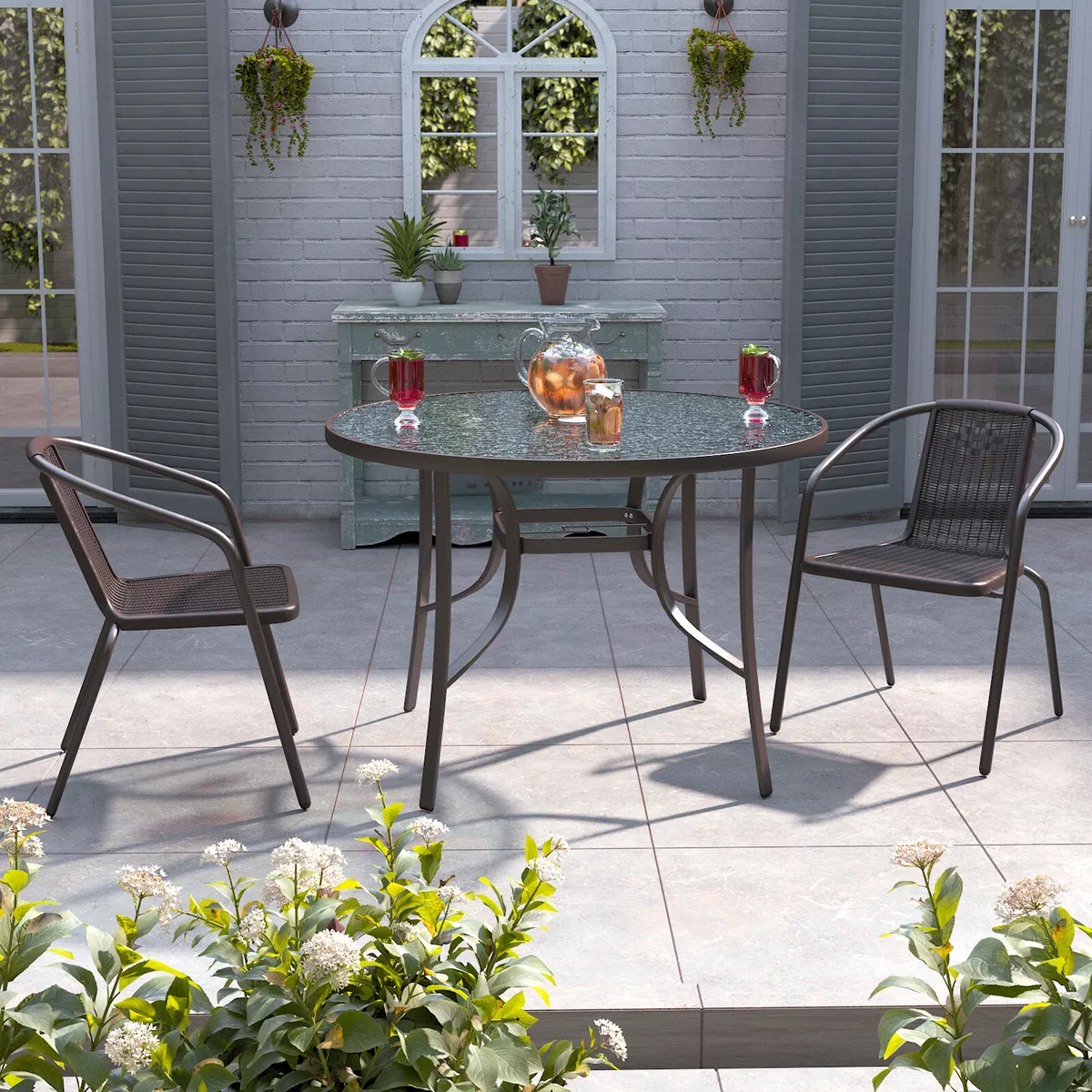 Metal Garden Dining Table Outdoor Patio Bistro Glass Cafe Top Umbrella Hole