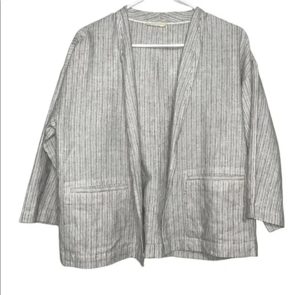 Chaqueta Eileen Fisher Tictac Rayas Manga 3/4 Cuadrada Lino Orgánico Algodón Mediana Foto 2 de 4