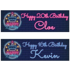 2 Personalised Birthday Banner Neon children cake kids party celebration poster