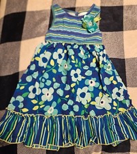 Youngland Girls Blue And Green Striped Sleeveless Floral Tank Dress Size 4