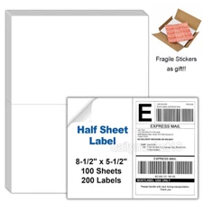 200 8.5" x 5.5" Half Sheet Shipping Labels Self Adhesive Matte White 2 Per Sheet