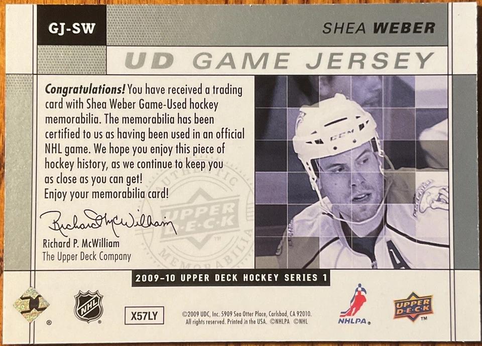 2009-10 Upper Deck UD Game Jersey Shea Weber #GJ-SW Nashville Predators - Image 2 of 2