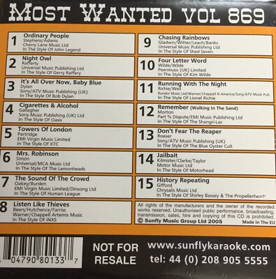 Sunfly Most Wanted (SFMW869) - Karaoke CDG-Disc
