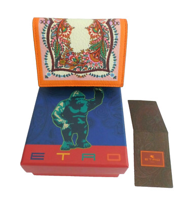 Etro Wallet Small Bifold Colorful Print and Burgundy Leather NWT