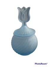 Partylite Covered Candle Votive Jar Blue Satin Frosted Glass Tulip Flower 5.75" 