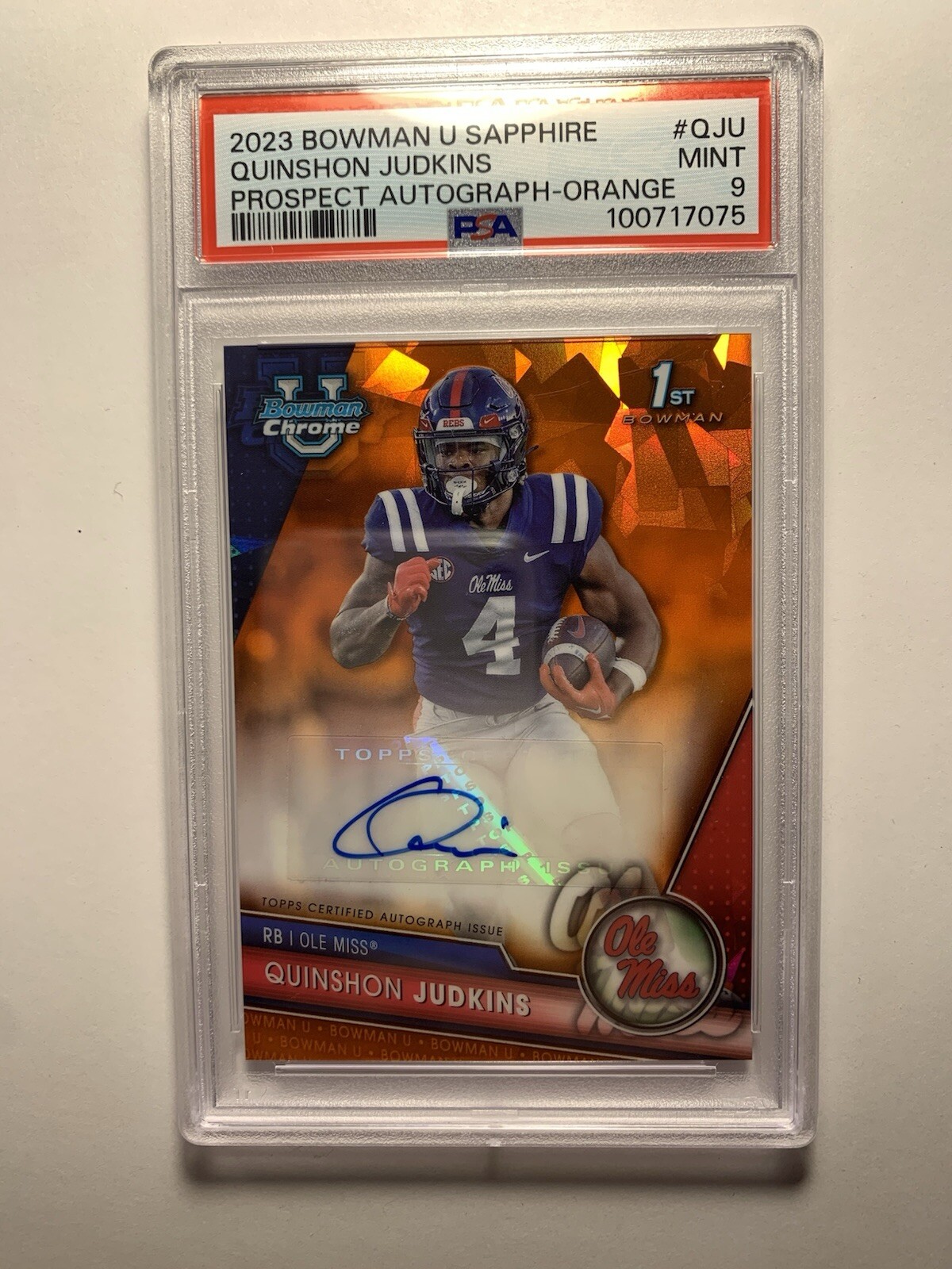 2023 Bowman Chrome U Sapphire QUINSHON JUDKINS 1st Orange Auto /25 PSA 9 PA-QJU