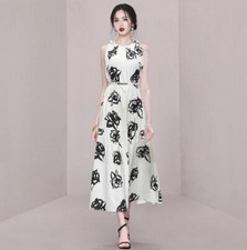 Women's 2024 Fashion Floral Round Neck Bowtie Sleeveless Flared Long Dress