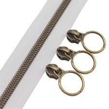 5 Antique Brass Metallic Nylon Coil Zippers by The Yard Bulk White Tape 10 Y...
